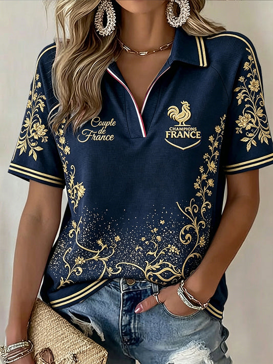 T-shirt polo décontracté à col en V pour femme, style vintage, bleu marine, motif floral de football français