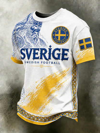 Retro svensk fotbollslandslagsflagga med emblem och t-shirt i vikingastil med korta ärmarna