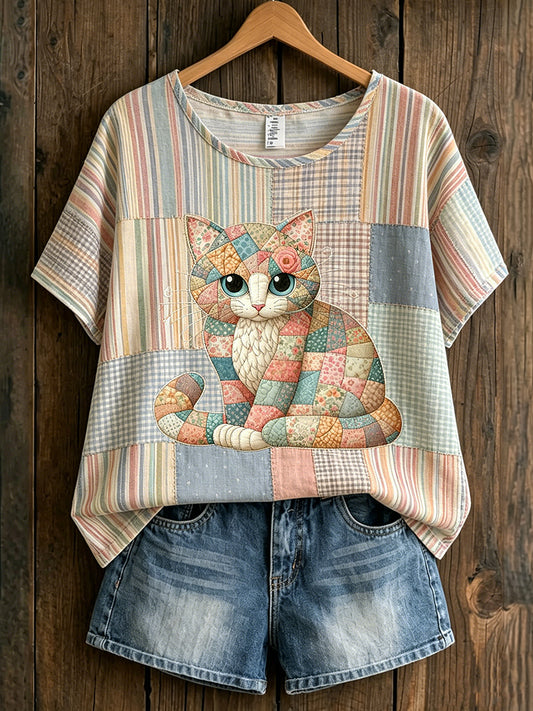 Women's Animal Cat Art Printed Vintage Fashion Loose Short Sleeve T-Shirt