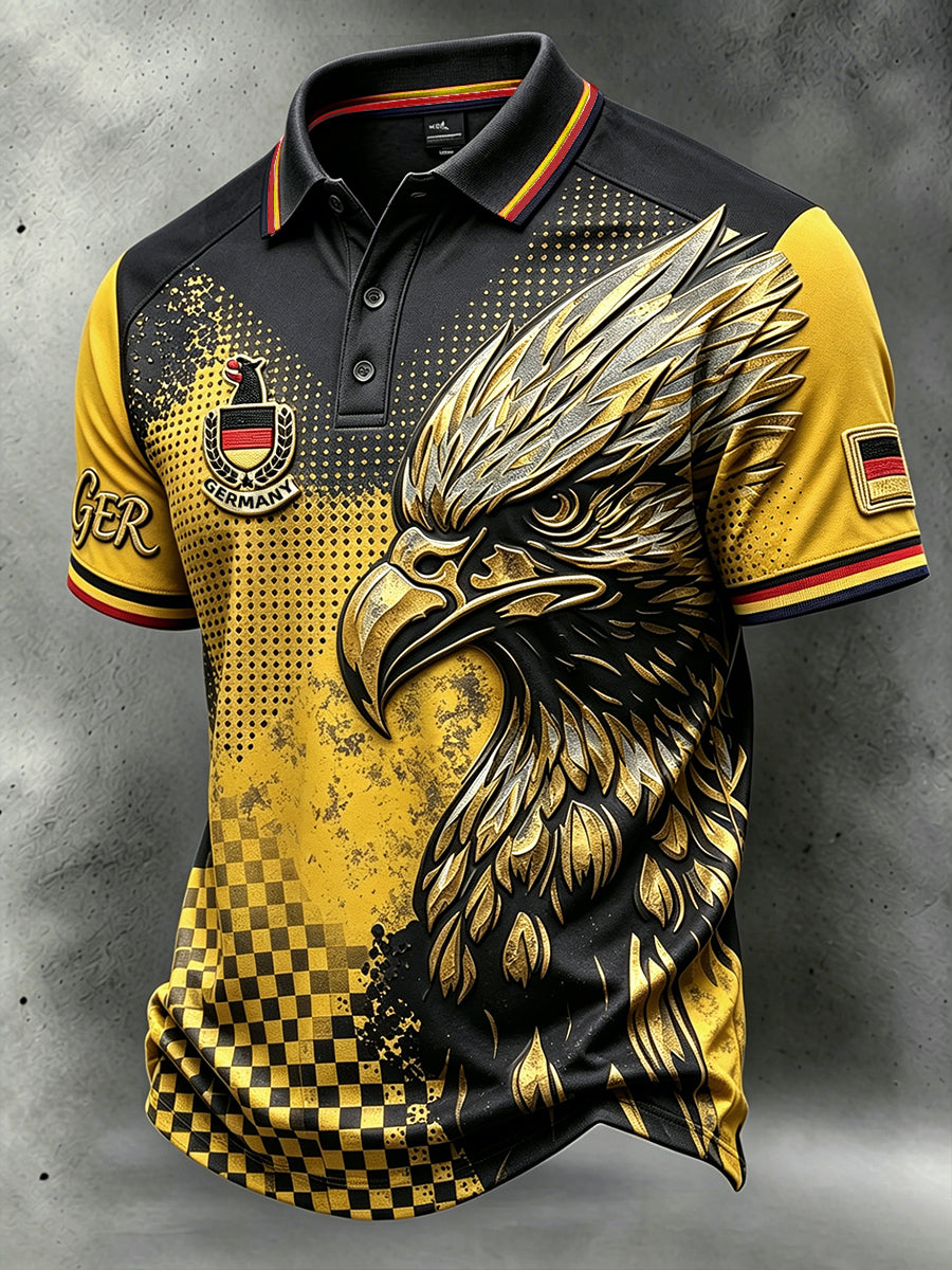 Herren Vintage Gelb Deutscher Fußball Adler Print Casual Polo Shirt