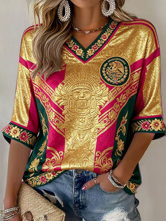 Camiseta estampada con diseño artístico para amantes del fútbol mexicano, para mujer