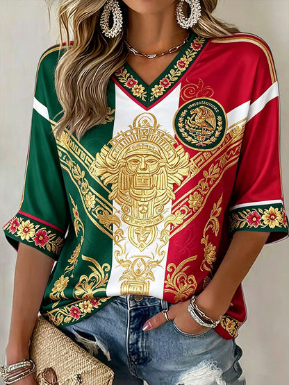 Camiseta estampada con diseño artístico para amantes del fútbol mexicano, para mujer