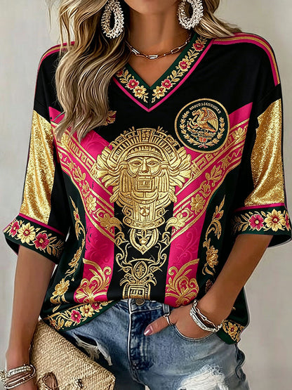Camiseta estampada con diseño artístico para amantes del fútbol mexicano, para mujer