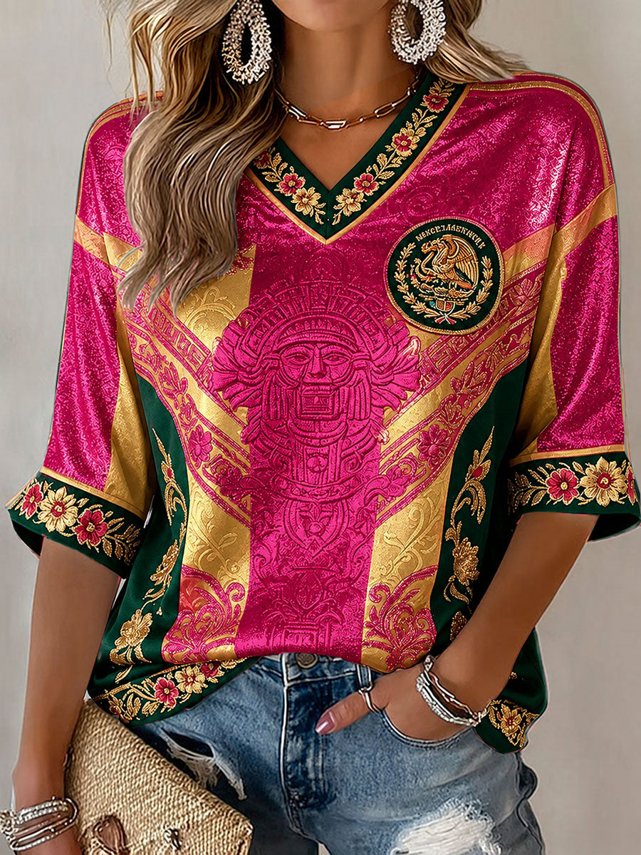 Camiseta estampada con diseño artístico para amantes del fútbol mexicano, para mujer