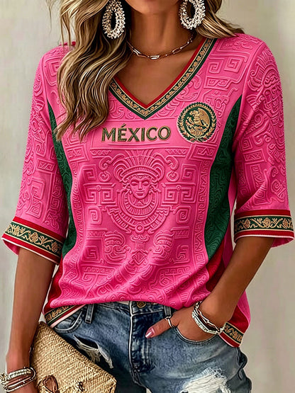 Camiseta estampada con diseño artístico para amantes del fútbol mexicano, para mujer
