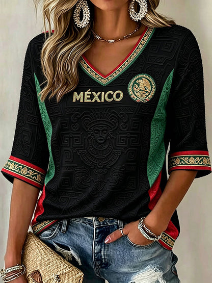 Camiseta estampada con diseño artístico para amantes del fútbol mexicano, para mujer