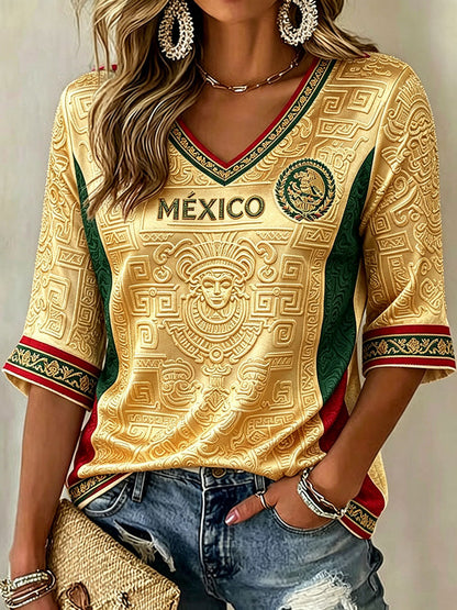 Camiseta estampada con diseño artístico para amantes del fútbol mexicano, para mujer
