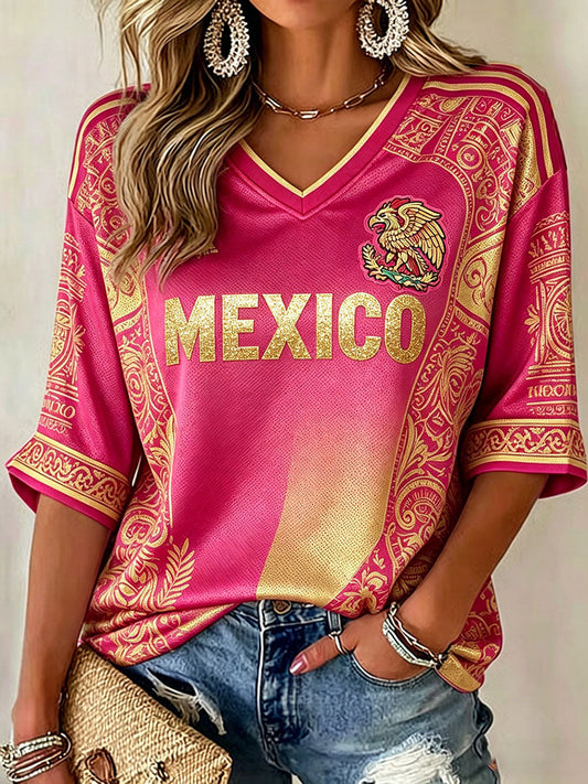 Camiseta estampada con diseño artístico para amantes del fútbol mexicano, para mujer