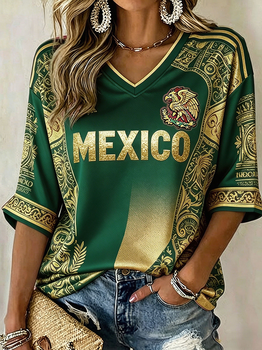 Camiseta estampada con diseño artístico para amantes del fútbol mexicano, para mujer