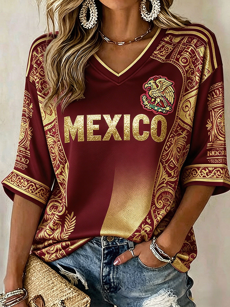 Camiseta estampada con diseño artístico para amantes del fútbol mexicano, para mujer