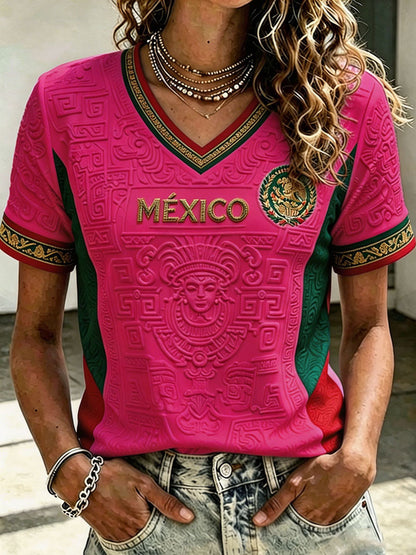 Camiseta estampada con diseño artístico para amantes del fútbol mexicano, para mujer