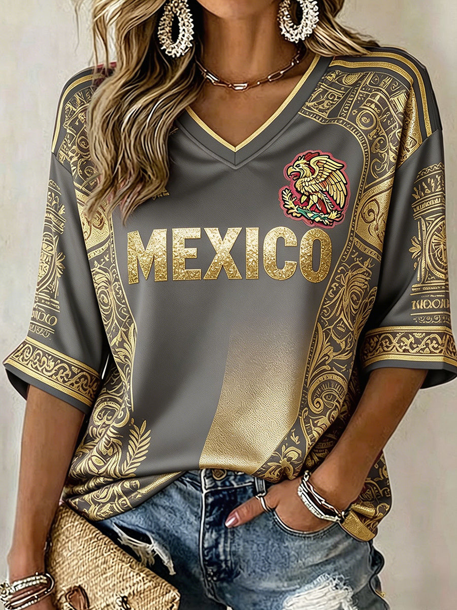 Camiseta estampada con diseño artístico para amantes del fútbol mexicano, para mujer