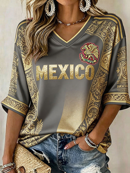 Camiseta estampada con diseño artístico para amantes del fútbol mexicano, para mujer