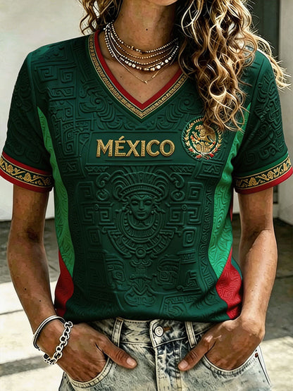 Camiseta estampada con diseño artístico para amantes del fútbol mexicano, para mujer