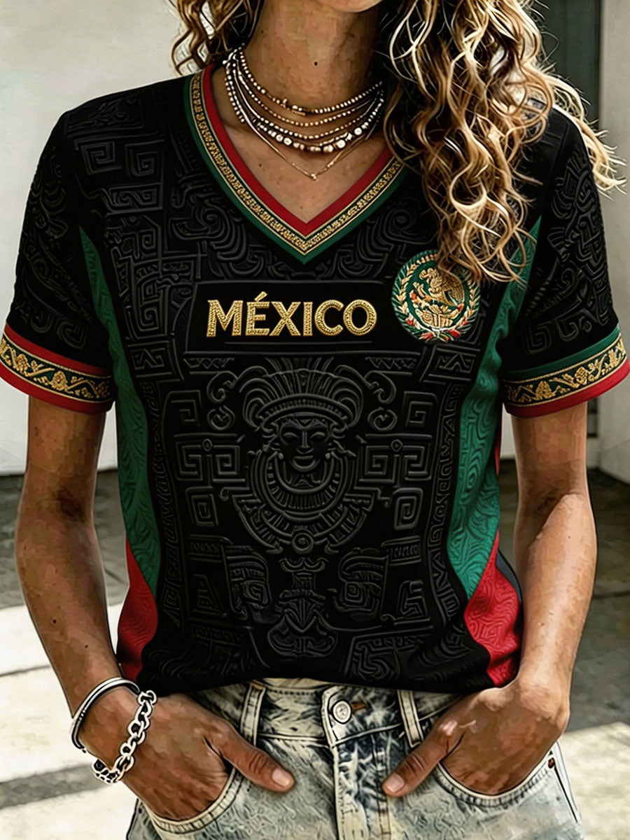 Camiseta estampada con diseño artístico para amantes del fútbol mexicano, para mujer