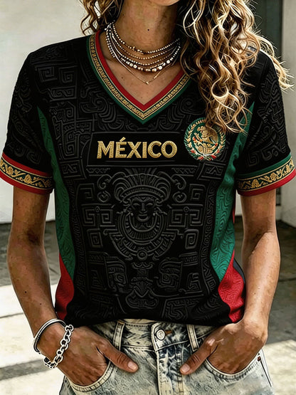 Camiseta estampada con diseño artístico para amantes del fútbol mexicano, para mujer