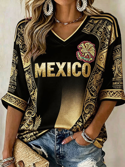Camiseta estampada con diseño artístico para amantes del fútbol mexicano, para mujer