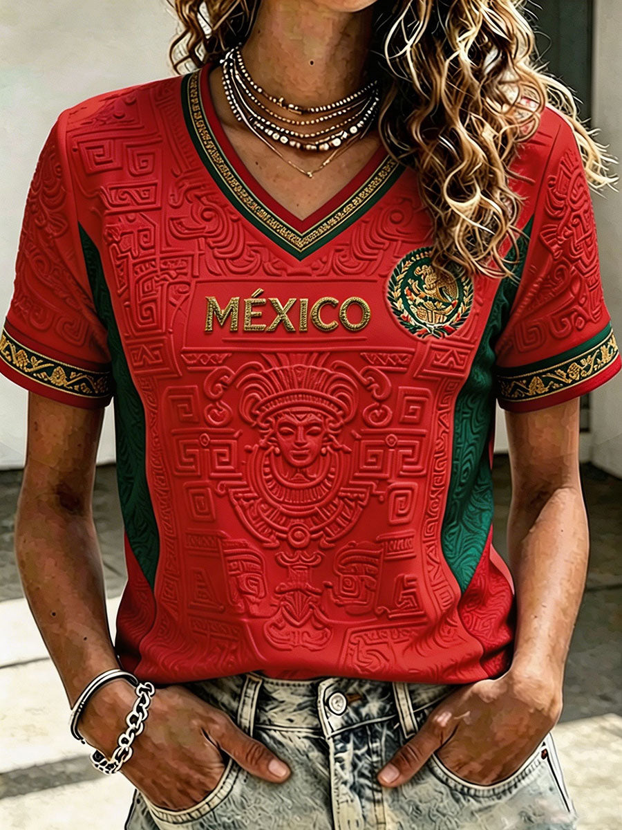Camiseta estampada con diseño artístico para amantes del fútbol mexicano, para mujer
