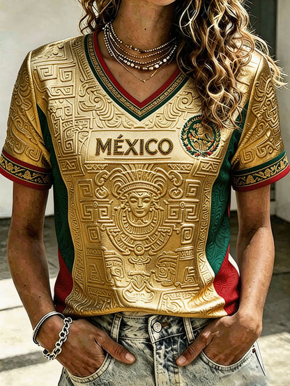 Camiseta estampada con diseño artístico para amantes del fútbol mexicano, para mujer