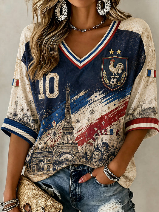 Chemise à col en V en lin à motif France Football pour femme