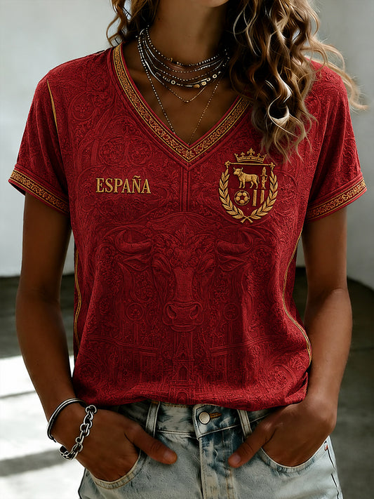 Camiseta de mujer con cuello en V y estampado de fútbol español