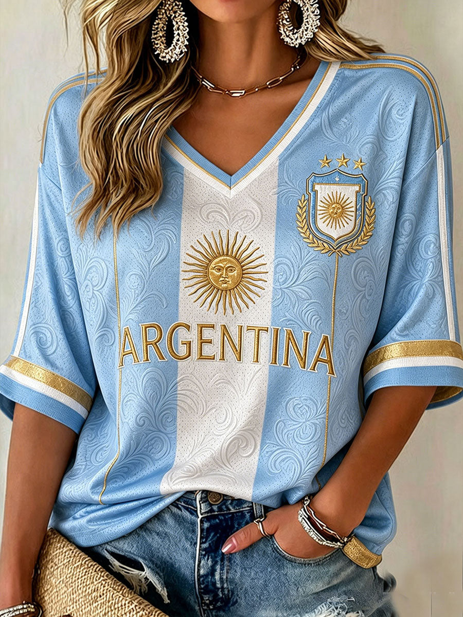 Camiseta con cuello en V y mangas medias de fútbol de Argentina para mujer