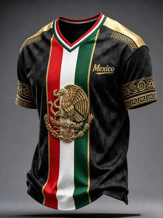 Camiseta con estampado artístico de elemento de animación: pizza y fútbol mexicano para hombre