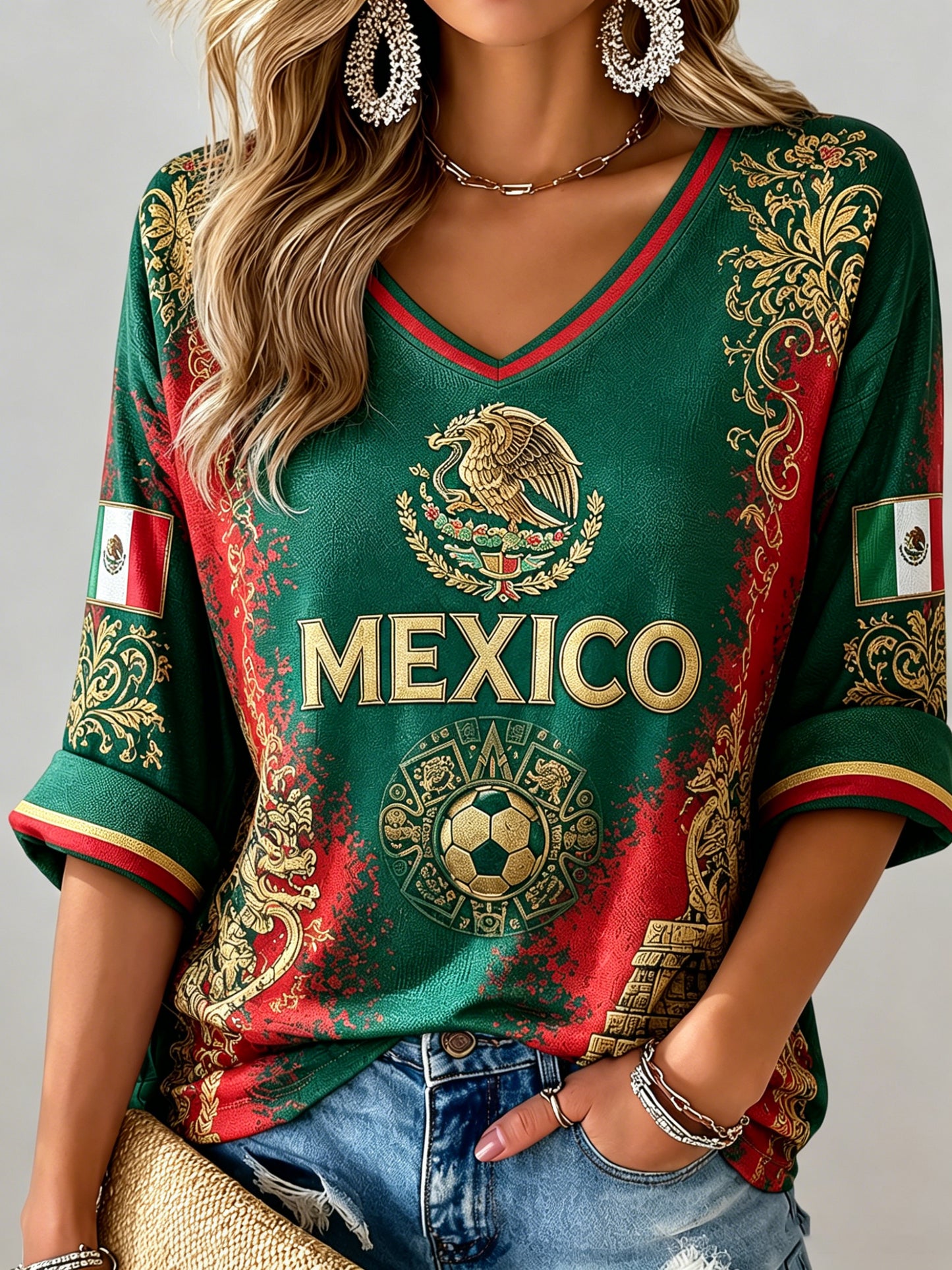 Estampado artístico de elemento de animación con pizza y fútbol mexicano para mujer en la parte superior