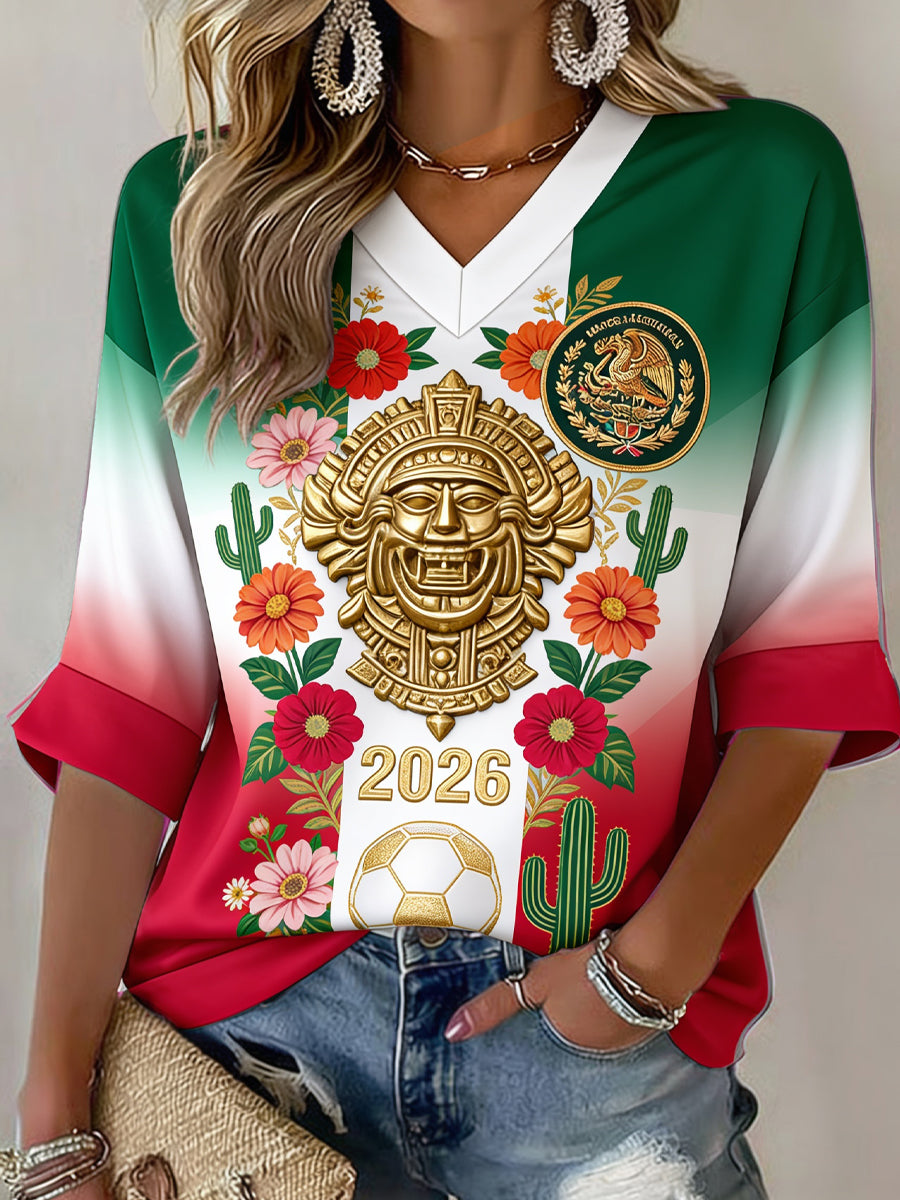 Camiseta de manga corta con estampado de arte de aficionadas al fútbol mexicano para mujer