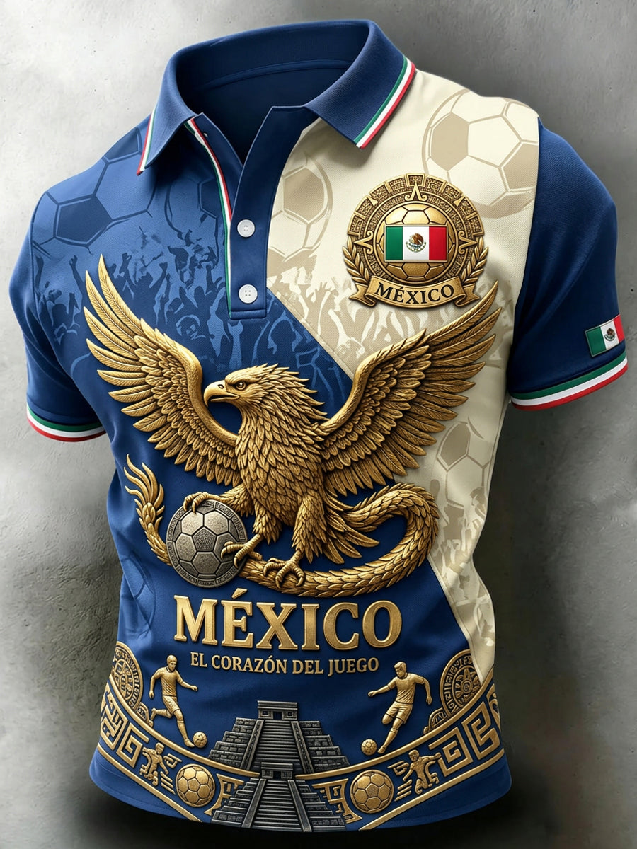 Camisa polo de manga corta con estampado artístico del partido de fútbol mexicano masculino