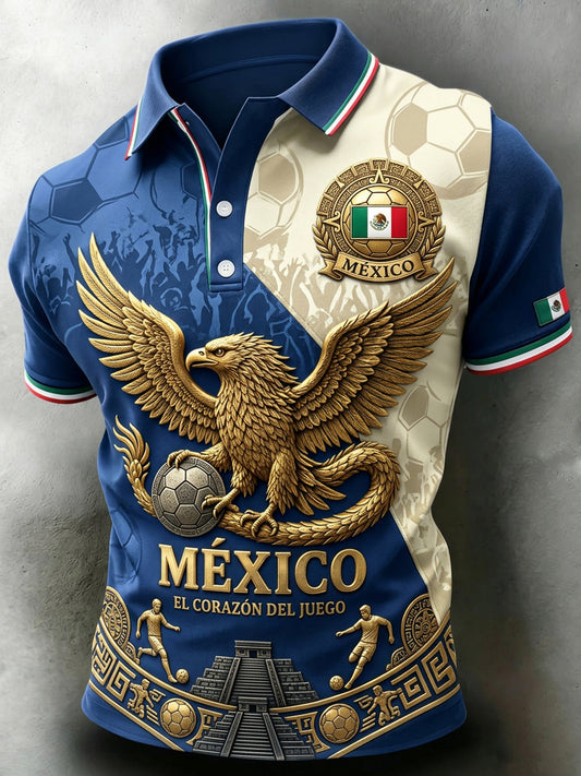 Camisa polo de manga corta con estampado artístico del partido de fútbol mexicano masculino