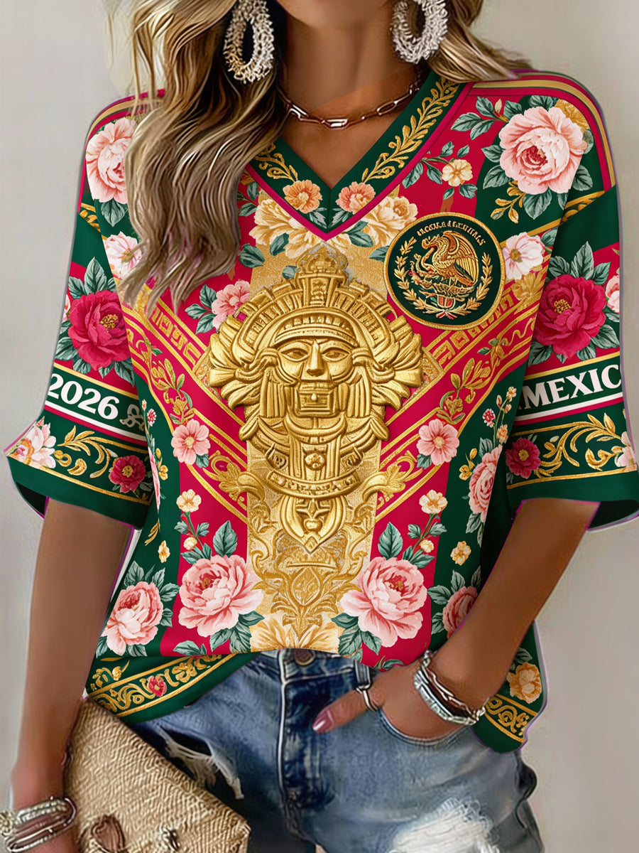 Camiseta de manga corta con estampado de arte de aficionadas al fútbol mexicano para mujer