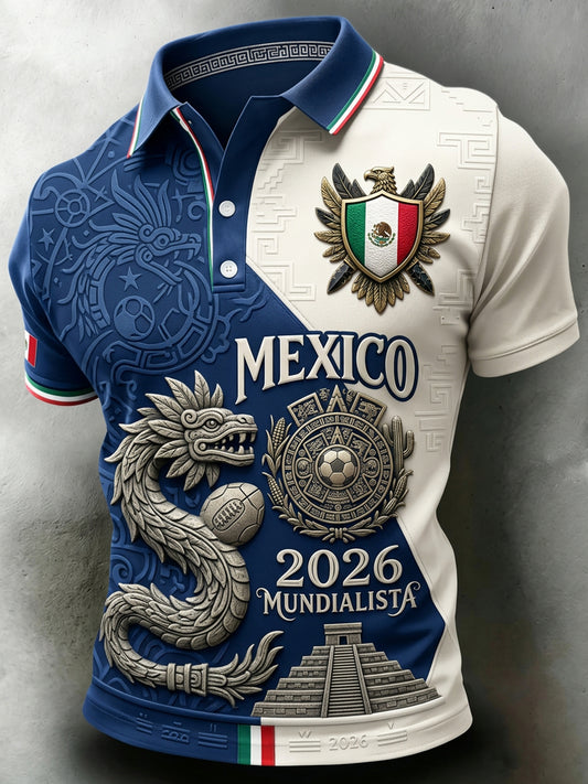 Camisa polo de manga corta con estampado artístico del partido de fútbol mexicano masculino