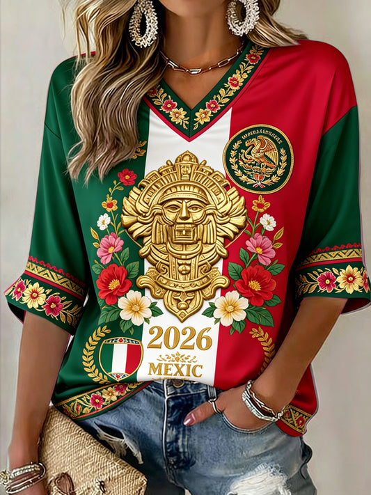 Camiseta de manga corta con estampado de arte de aficionadas al fútbol mexicano para mujer