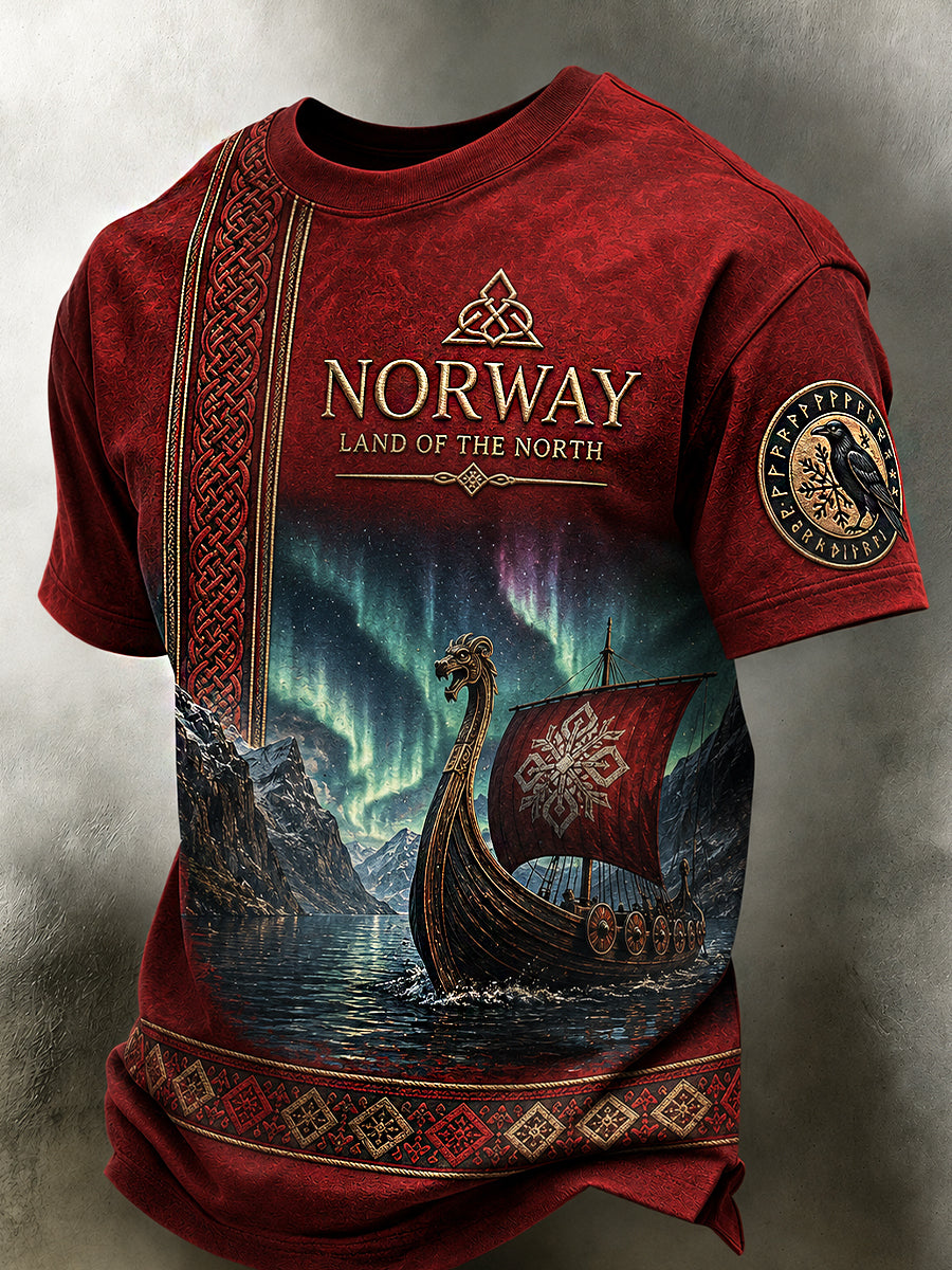 Men's Retro Nordic-Style T-Shirt with Norwegian Art Print