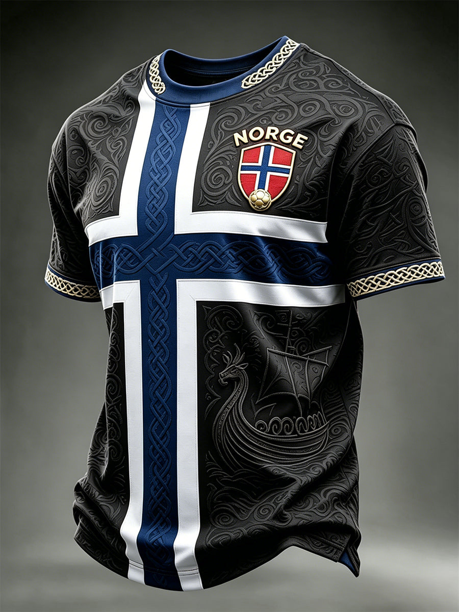 Men's Viking Ship Norway Football & Flag Colorblock Print short sleeves t-shirt