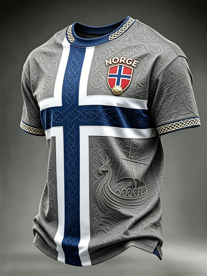 Men's Viking Ship Norway Football & Flag Colorblock Print short sleeves t-shirt