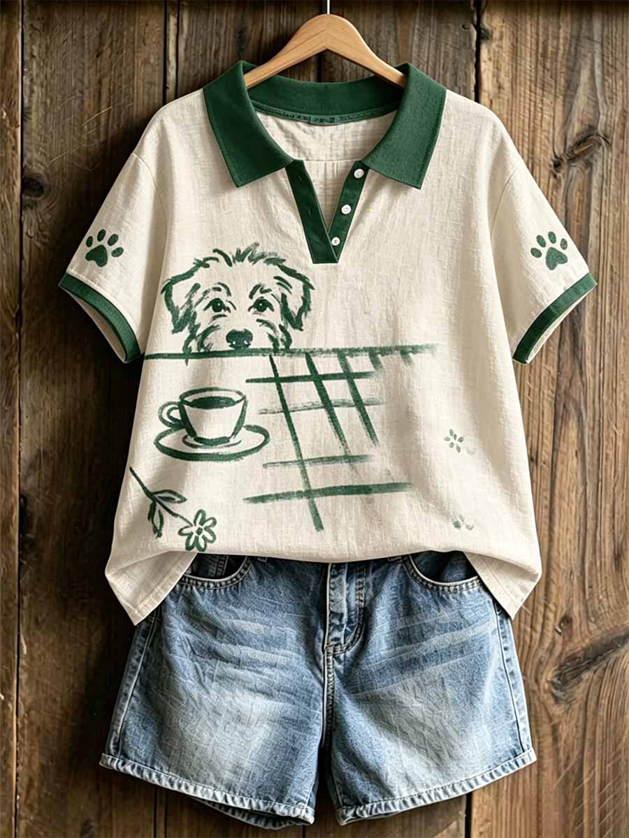 Women's Fashion Dog Art Print Polo Shirt
