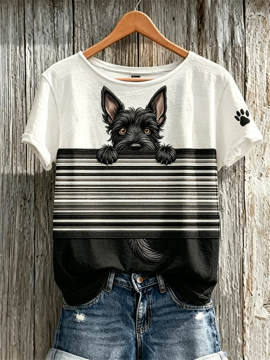 Women's Peeking Scottish Terrier Dog & Paw Print Colorblock Print short-sleeved T-shirt