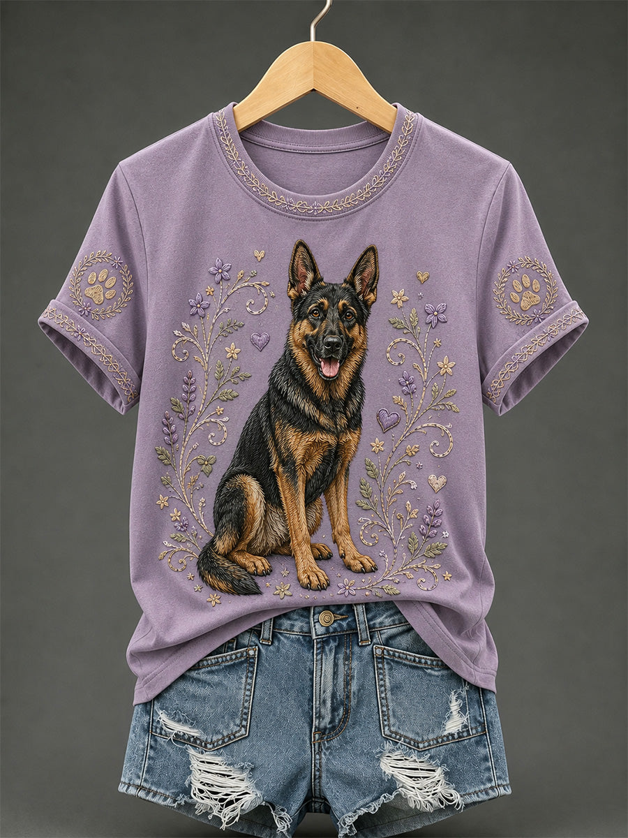 Women's Retro Floral Dog Print Casual Tee