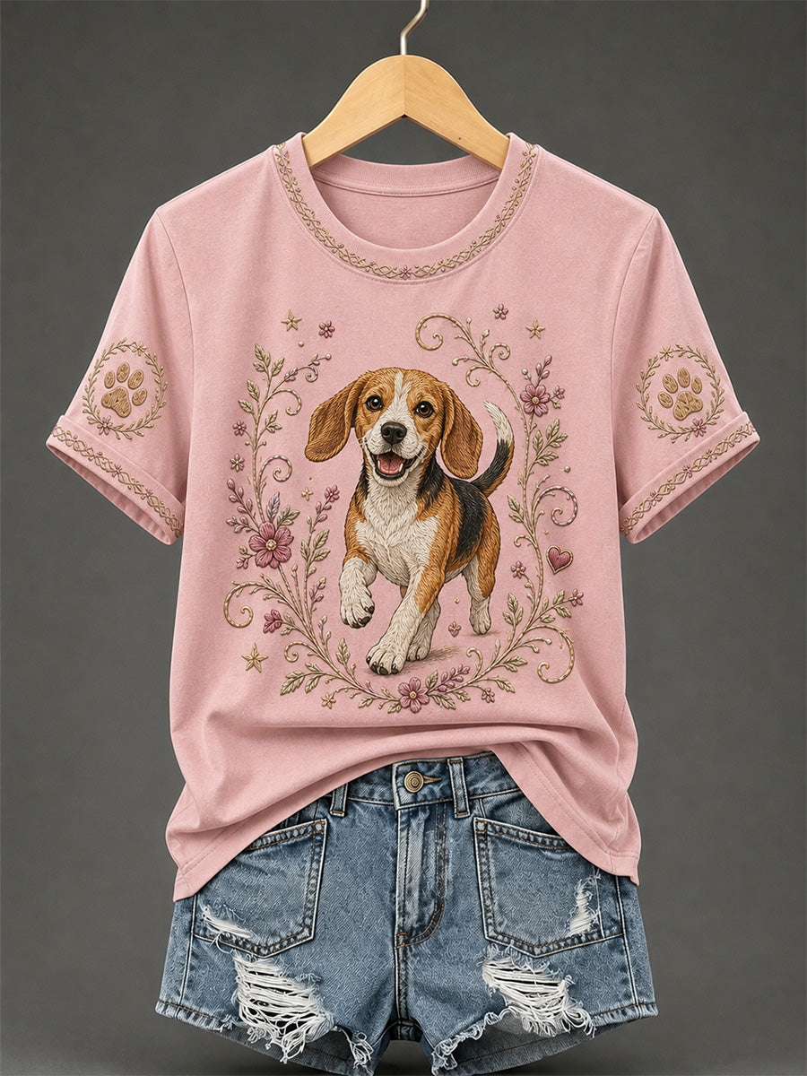 Women's Retro Floral Dog Print Casual Tee
