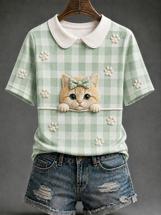 Women's Golden Shaded Cat Plaid Print Casual T-Shirt