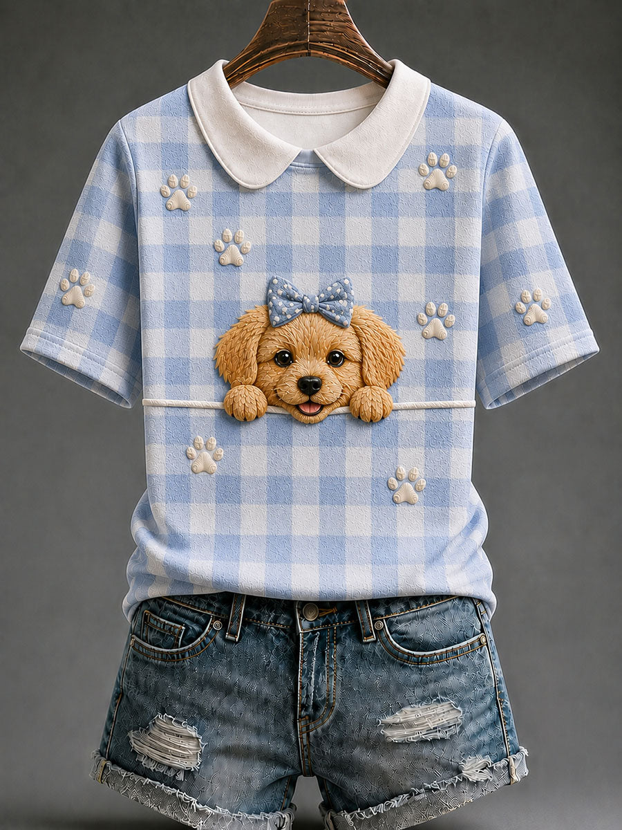 Women's Golden Retriever Plaid Print Casual T-Shirt