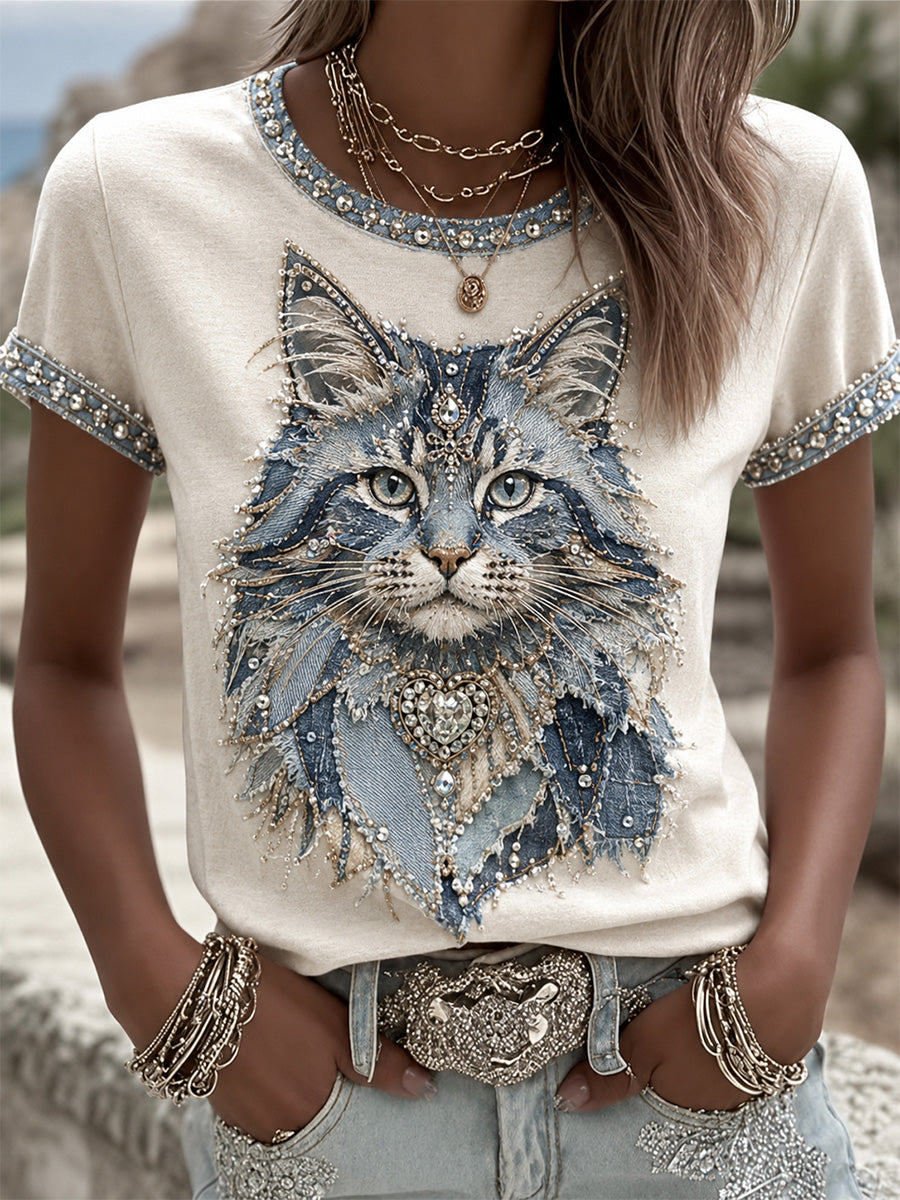 Women's Cowboy Cat  Print Casual Tee
