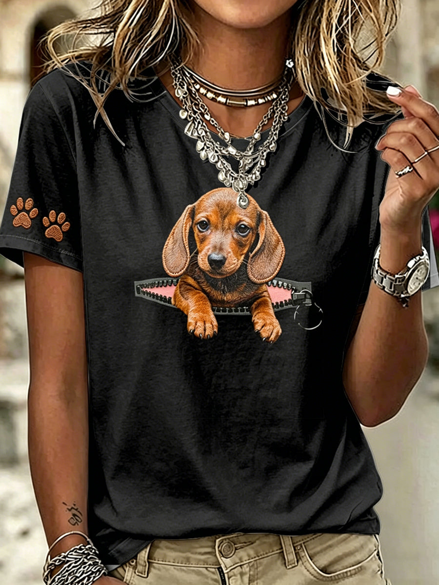 Women's Animal Funny Dogs Printed Vintage Fashion Loose Short Sleeve T-Shirt