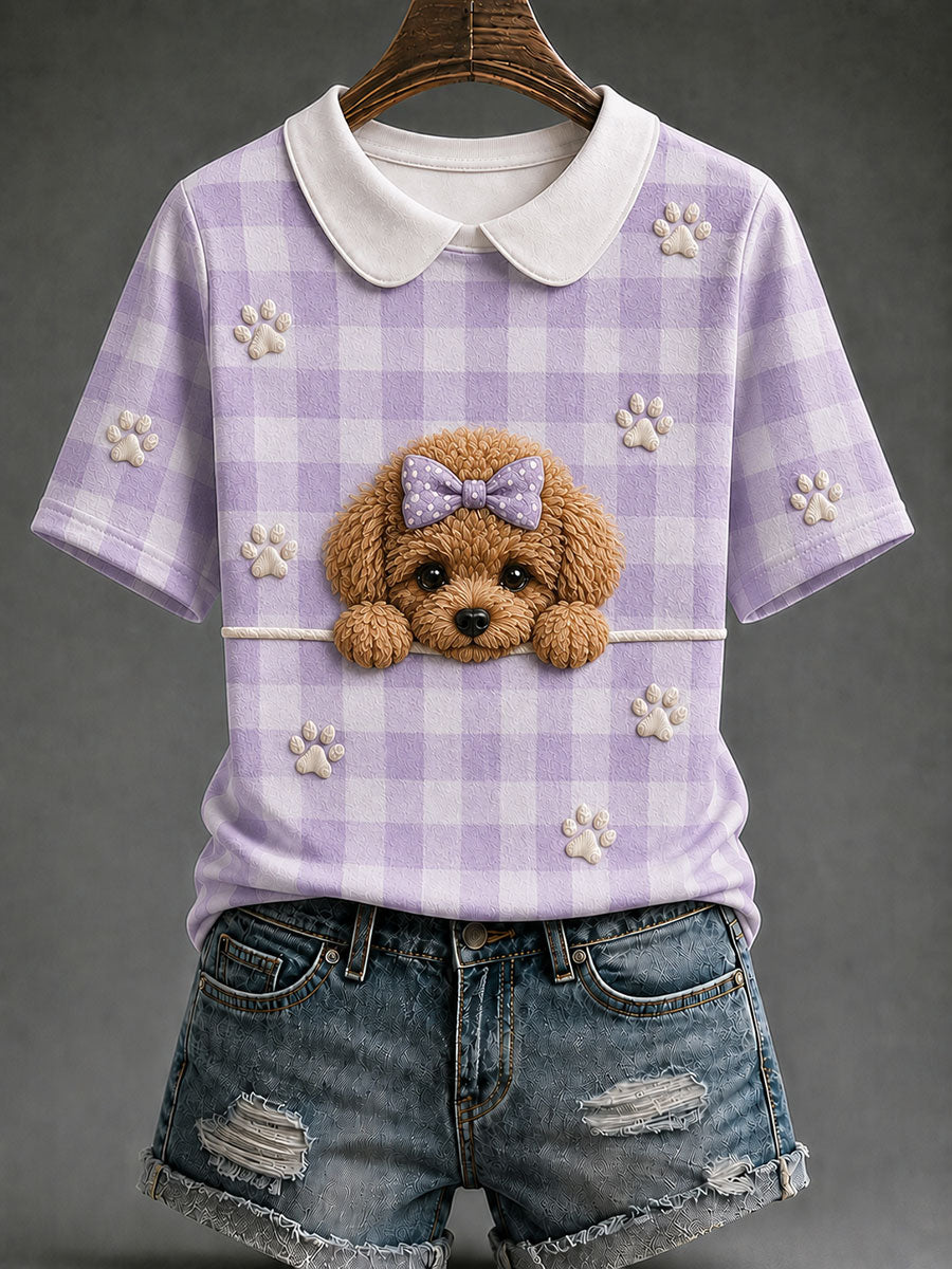 Women's Teddy Dog Plaid Print Casual T-Shirt