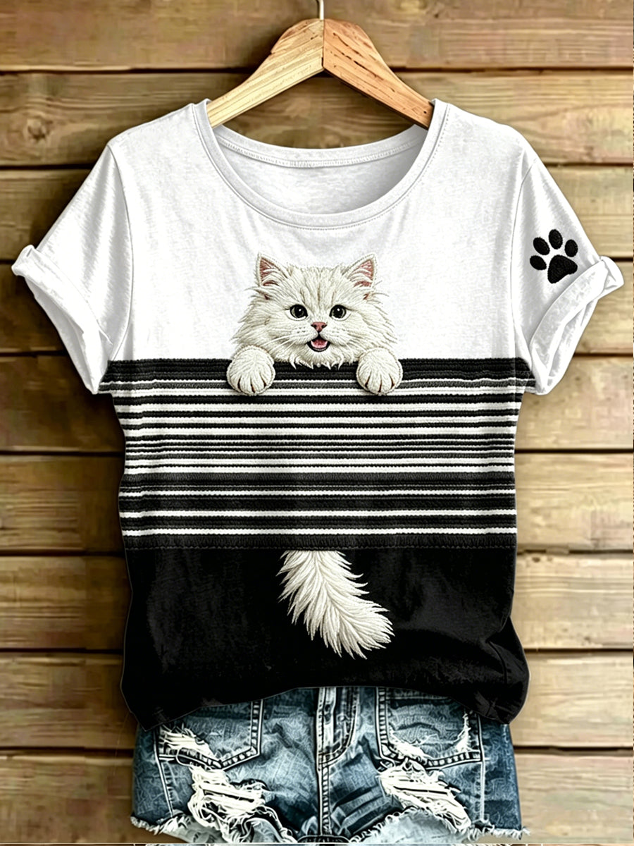 Women's Cat Stripes Printed Vintage Fashion Loose Short Sleeve T-Shirt