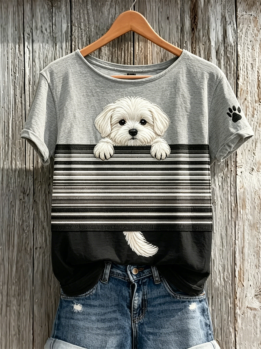 Women's Peeking Maltese Dog Colorblock Print short-sleeved T-shirt