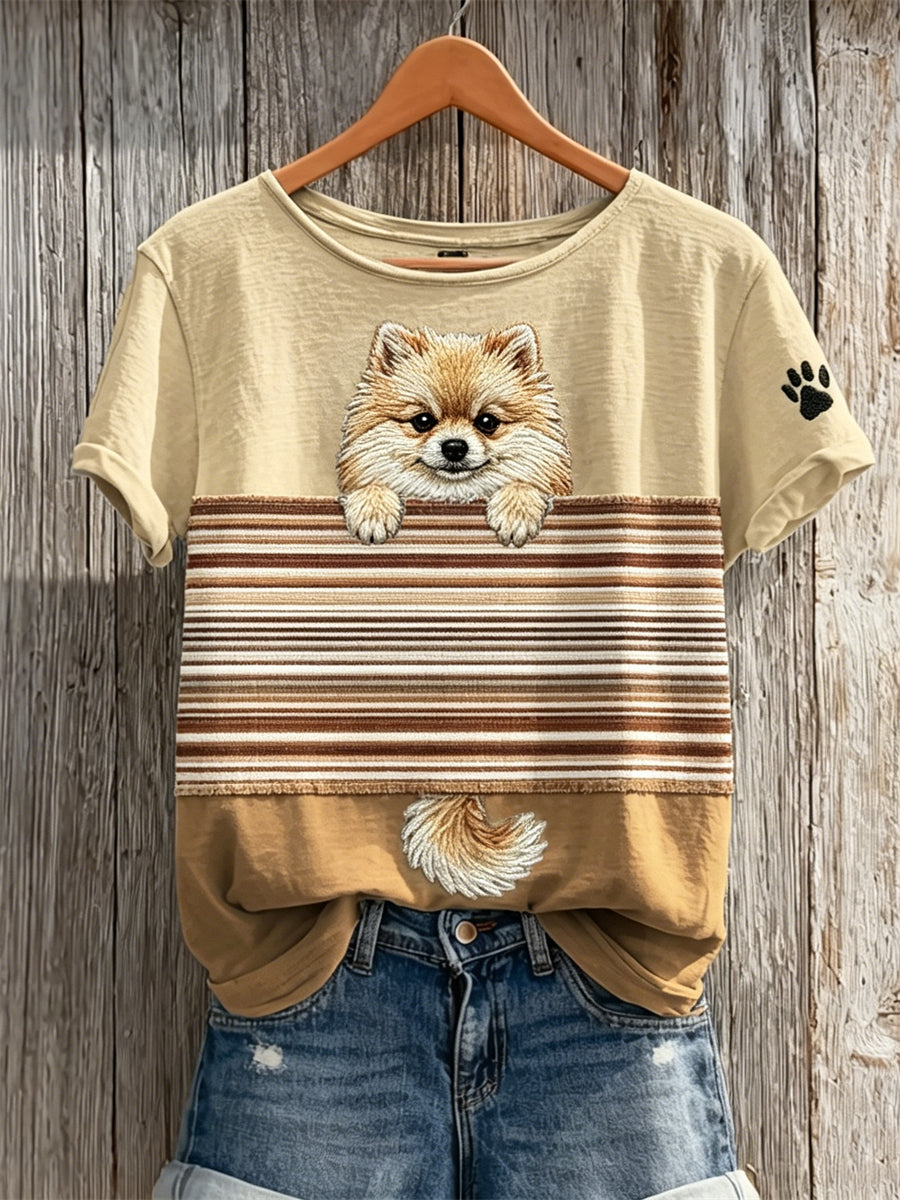 Women's Peeking Pom Dog Colorblock Print short-sleeved T-shirt