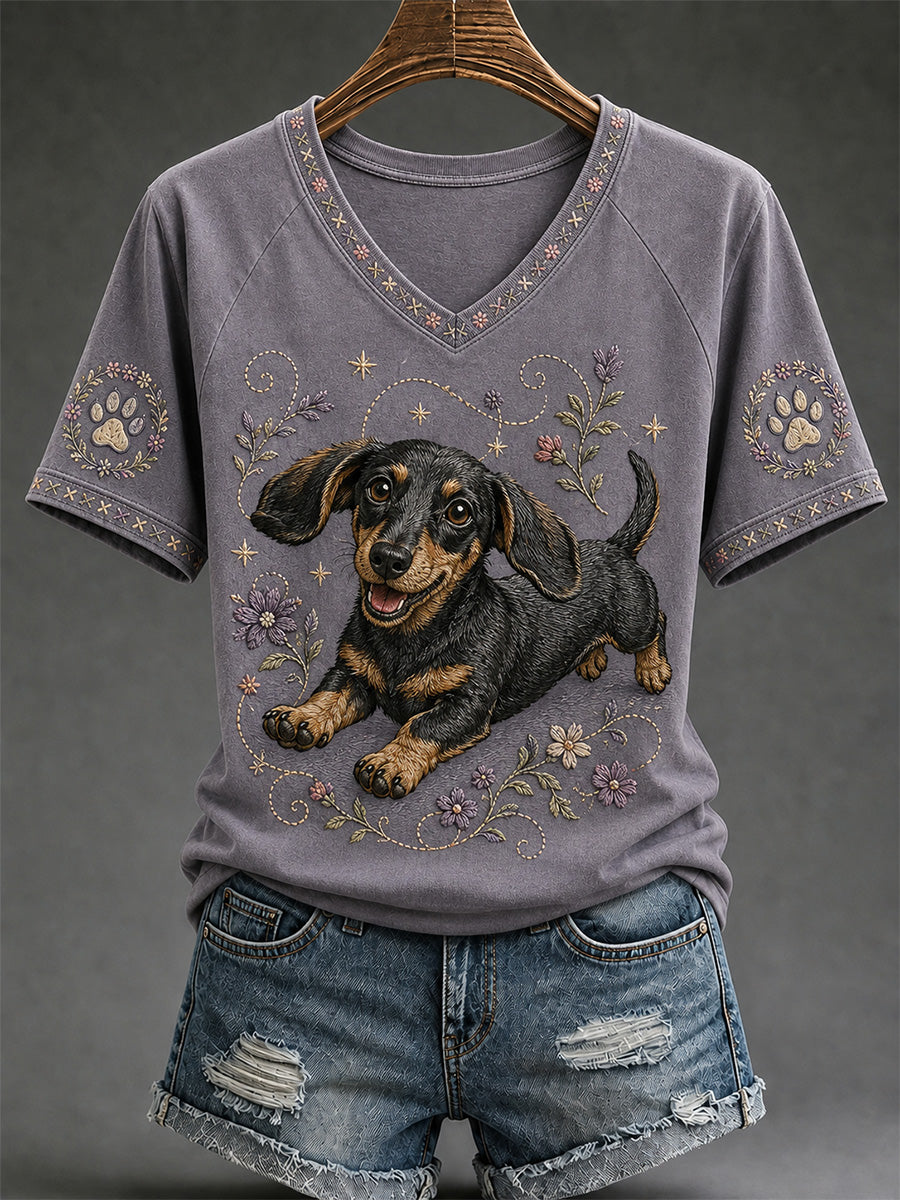 Women's Retro Dog Print Casual V-Neck Tee